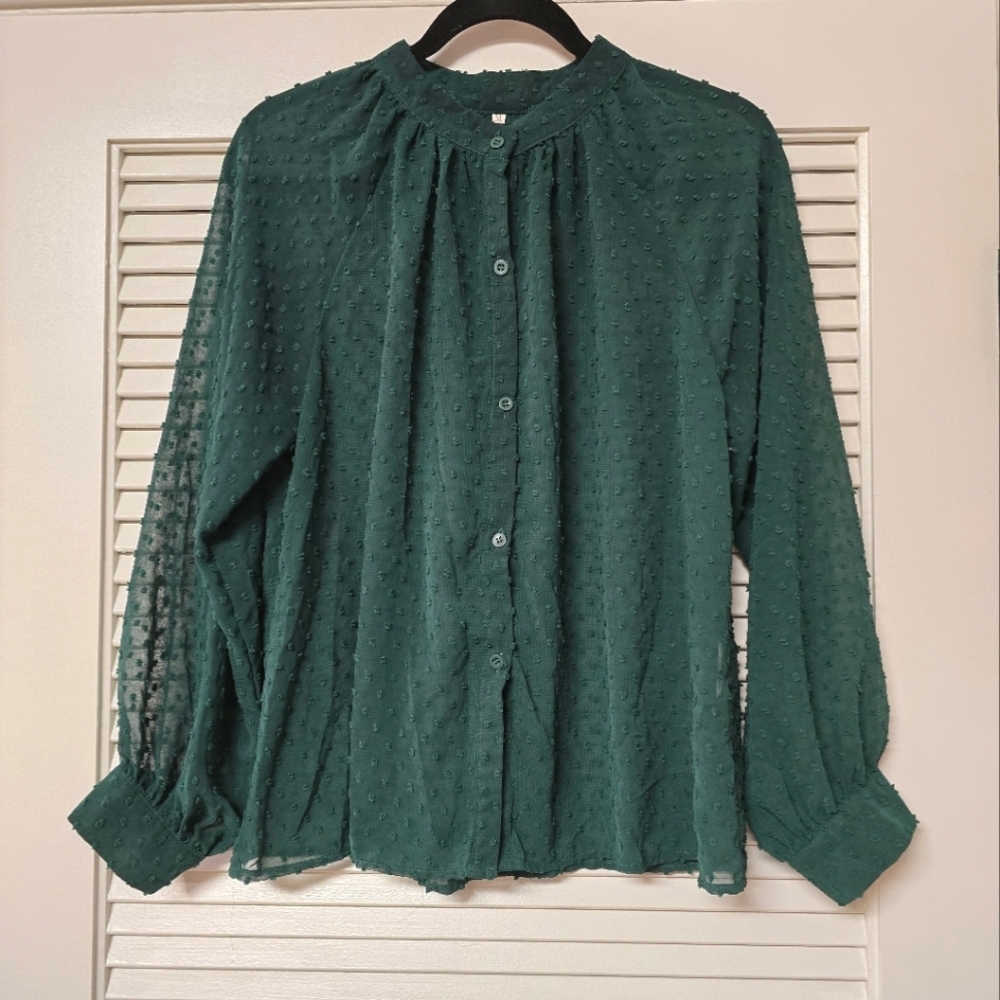 Green Lightweight Sheer Long-Sleeve Button Top